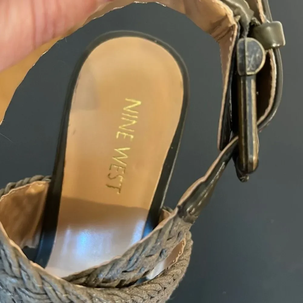 Nine West Womens Marlon Platform Heels‎ Wedge Woven Sandals Olive Green Size 6.5